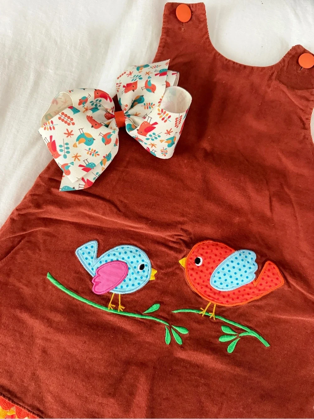 Mulberry St. Corduroy Reversible Set w Bow - Wee Ones, Fall, Birds, Ric rac